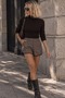 New Season Leather-Trimmed Herringbone Pattern Brown Shorts - 2