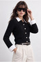 Black Woven Garnished Combined Hair Knitted Cardigan - 4