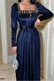 Square Neckline Evening Dress with Belt and Long Sleeves - 3