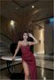 Velvet Detailed Strapless Evening Dress Stone Fabric Dress - 3