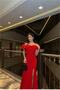 Square Slit Evening Dress Short Dress with Collar and Sleeves - 4
