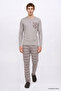 Men's Gray Melange 2-Piece Cotton Soft Textured Standard Fit Crew Neck Plaid Patterned Pajama Set - 3