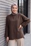 Crew Neck Slit Oversize Combed Cotton Tunic - Dark Brown - 3