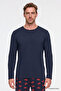 Men's Navy Blue 2-Piece Soft Textured 100% Cotton Standard Fit Crew Neck Patterned Pajama Set - 3