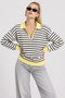 Striped Polo Collar Oversize Knitwear Sweater Lki̇0056 Ecru Yellow - 3