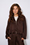 Low Shoulder Zippered Textured Satin Bomber Jacket Brown - 2