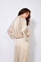 Low Shoulder Zippered Textured Satin Bomber Jacket Beige - 5