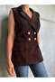 Double-Breasted Collar Gold Detail Button Velvet Line Textured Blazer Vest - 6