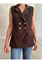 Double-Breasted Collar Gold Detail Button Velvet Line Textured Blazer Vest - 5