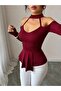 Women's off-the-shoulder mock neck long sleeve v-neck pleated viscose blouse - 2