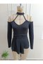 Women's off-the-shoulder mock neck long sleeve v-neck pleated viscose blouse - 4