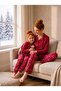 Women's Burgundy Patterned Front Buttoned Mother-Daughter Combination Suede Winter Warm Pajama Set