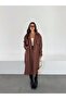 Women's Classic Pocketed Belted Trendy Midi Brown Trench Coat - 2