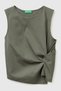 Women's khaki 100% cotton sleeveless t-shirt with front knot detail