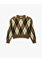 Crew Neck Ribbed Long Sleeve Diamond Pattern Knit Sweater - 5