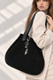 Women's Black Hand-Knitted Leather Handle Large Size Shoulder and Shoulder Bag with Charms - 3