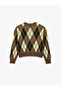 Crew Neck Ribbed Long Sleeve Diamond Pattern Knit Sweater - 6
