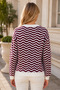 Women's Round Neck Long Sleeve Wave Pattern Soft Elegant Casual Trend Burgundy White Knitwear Sweater - 3