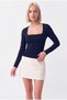 Women's Square Collar Long Sleeve Double Layer Modal Cotton Navy Blue Blouse - 4