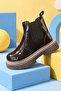 Children's Unisex Bitter Brown Patent Leather Thick Serrated Thermo Sole Zippered Elastic Chelsea Boots - 2