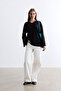 Black V-Necklace Long Sweater with Belt - 2