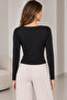 Women's Black Boat Neck Side Gathered Detailed Lined Long Sleeve Viscose Elastane Blouse - 7