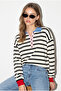 Women's Black-Blue Polo Collar Buttoned Striped Oversize Knitwear Sweater 2755 60286484