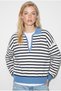 Women's Navy Blue Polo Collar Zippered Striped Oversize Knitwear Sweater 2757 60286481