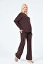 Maternity Side Slit Long Sleeve High Waist Wide Leg Soft Touch Tracksuit Set Aci Brown - 3