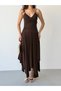 Brown Thin Straps Draped Double Breasted Asymmetrical Dress - 6