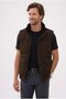 Men's relaxed fit stand collar brown puffer vest with concealed zipper, snap closure, and double pockets. - 7