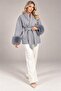 Women's Gray Belted Short Coat with Fur Sleeves and Details Nbstr2026 - 3