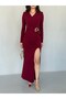 Burgundy Double-Breasted Long Dress with Waist Buckle and Slit - 6