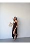 Brown Thin Straps Draped Double Breasted Asymmetrical Dress - 3