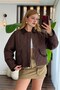 Women's Quilted Oversize Lined Velvet Polo Collar Brown Jacket - 3