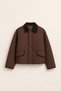 Women's Quilted Oversize Lined Velvet Polo Collar Brown Jacket