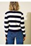 Gold Button Detailed Crew Neck Striped Trendy Basic Women's Cardigan - 3