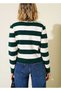 Gold Button Detailed Crew Neck Striped Trendy Basic Women's Cardigan - 3