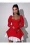 Women's Lace Fabric Corset Look Spanish Sleeve Ruffle Skirt Mini Dress - 3
