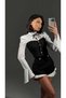 Women's Black and White Ruffled Spanish Sleeve Corset Look Stone Buttoned Shorts Two-Piece Set