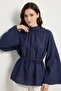 Navy Blue High Collar Lace-Up Wide Sleeve Oversize Blouse - 3