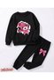 Winter Girls' Black and Pink Teddy Bear and Ribbon Printed Cotton Tracksuit Set - 2