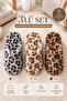 3-Piece Beige Leo - Tan Leo - Gray Leo Leopard Patterned Plush Closed Toe 3 cm Sole Home Slipper Set Byndset01