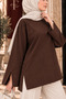 Women's Brown Modal Fabric Slit Detailed Crew Neck Oversize Hijab Tunic - 2