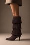 Brown Suede Tasseled Zippered Comfortable Sole Heeled Stylish Fashion Boots