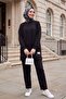 Round Neck Oversize Lycra Combed Cotton Suit with Long Pants and Pockets on the Back - Black - 4