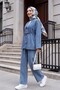 Buttoned Belted Wide-Legged Trousers Denim Kimono Set - Ice Blue - 5