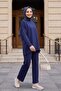 Round Neck Oversize Lycra Combed Cotton Suit with Long Pants and Pockets on the Back - Dark Blue