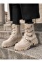 Women's Half Ankle 4-Strap Stitched Sole 5 cm Heel 20 cm Length Zippered Lace-Up Boots-Beige - 2