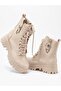 Women's Half Ankle Stitched Sole 5 cm Heel 20 cm Length Zippered Lace-Up Boots-Beige - 2